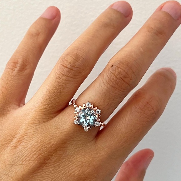 Fine Jewelry 925 Sterling Silver Blue Topaz Ring, Dainty Rose Gold Plated - Picture 6 of 11